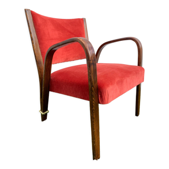 Hugues Steiner armchair, bow-wood model, curved wood and velvet, 1950