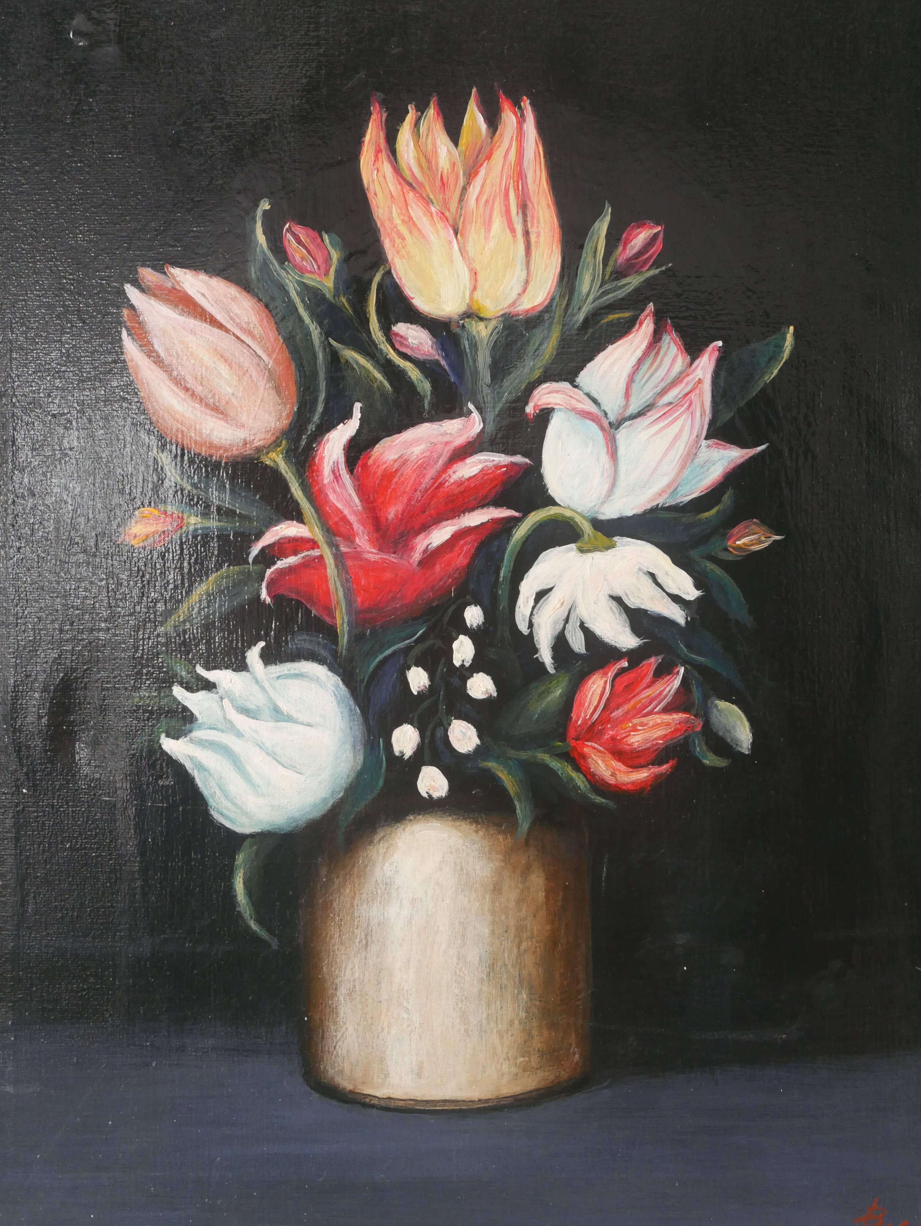 Painting on canvas still life decoration countryside bouquet flowers vintage frame black background