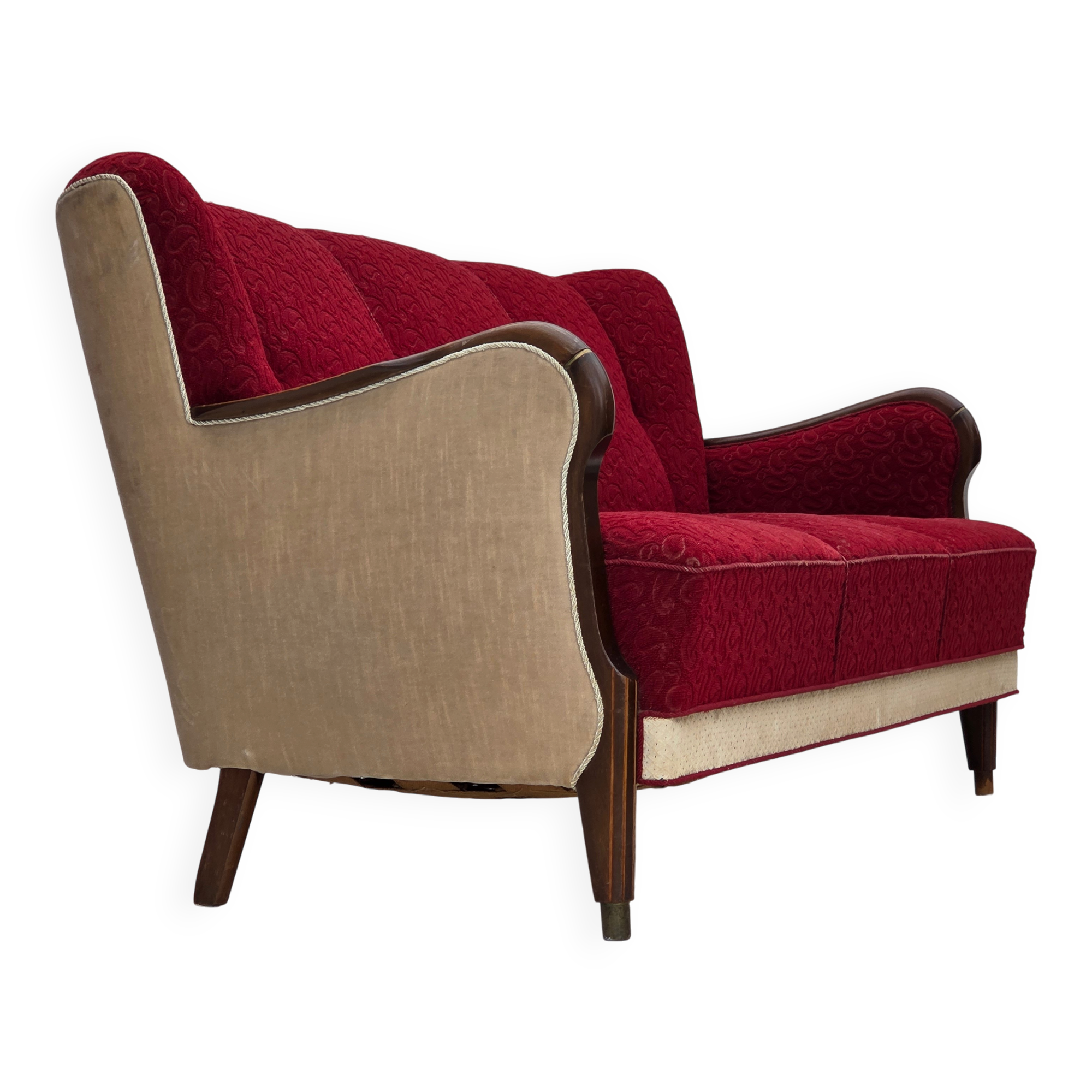 1950s, Danish 3-seater sofa, original red/beige furniture wool.