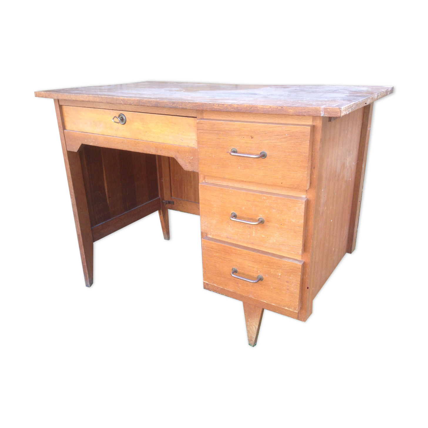 Bureau de secrétaire vintage en chêne pieds compas.
