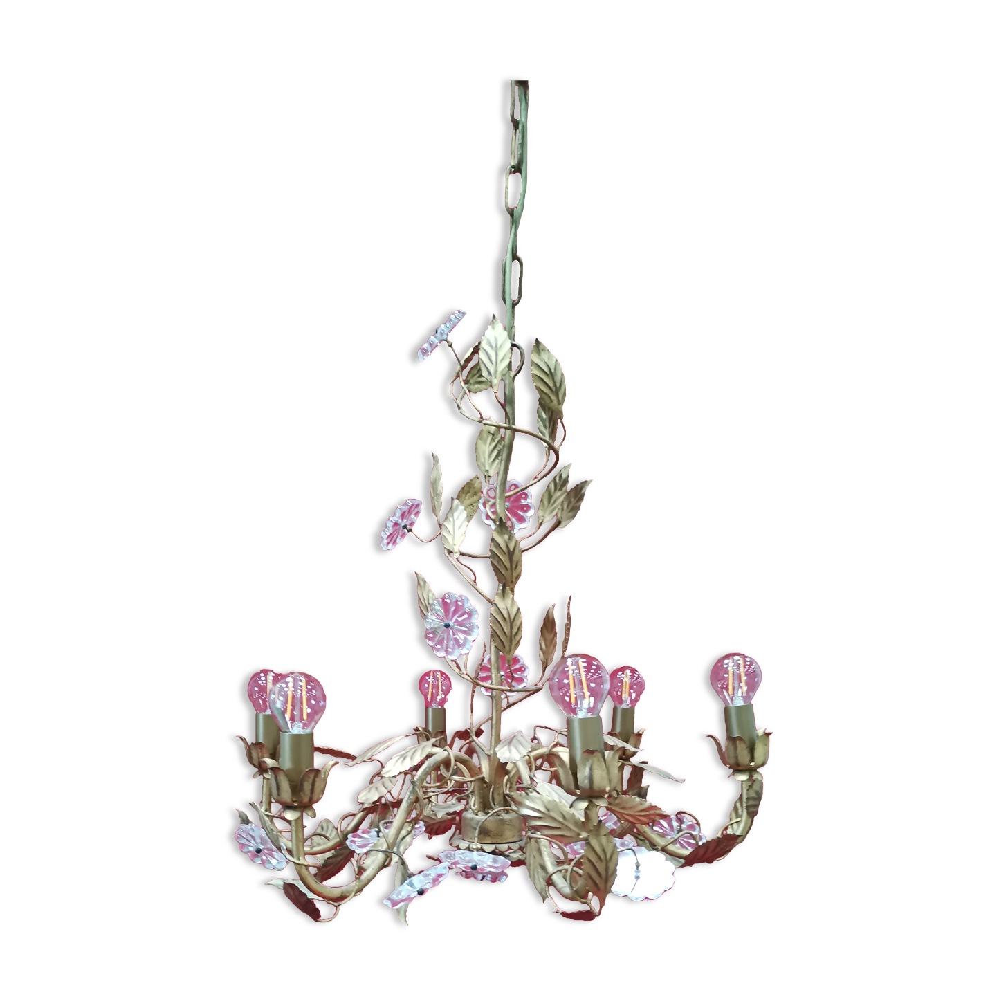 Lustre au feuillage doré et pampilles