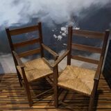 Pair of antique wooden straw-seated armchairs - Authentic country style