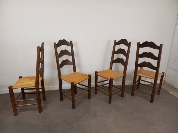 Chaises brutalistes paillées, lot de 4