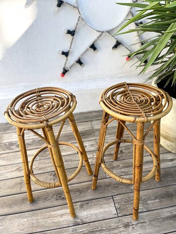 Paire de tabouret en bambou et rotin