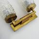 Pair of double-light wall lights, brass, teak globe, glass tubes. 50s-60s