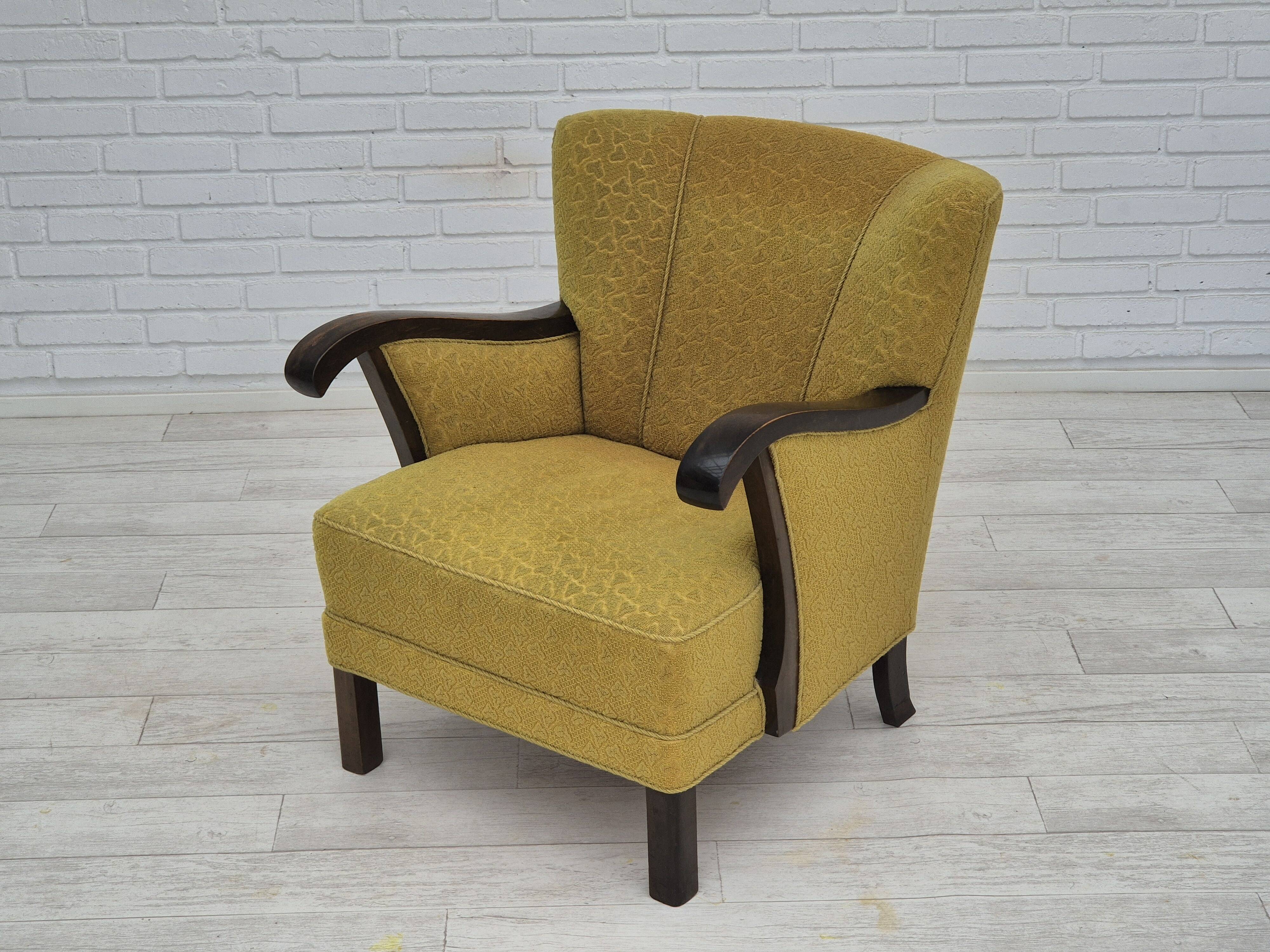 1950s, Danish vintage chair, light green cotton/wool fabric, beech wood.