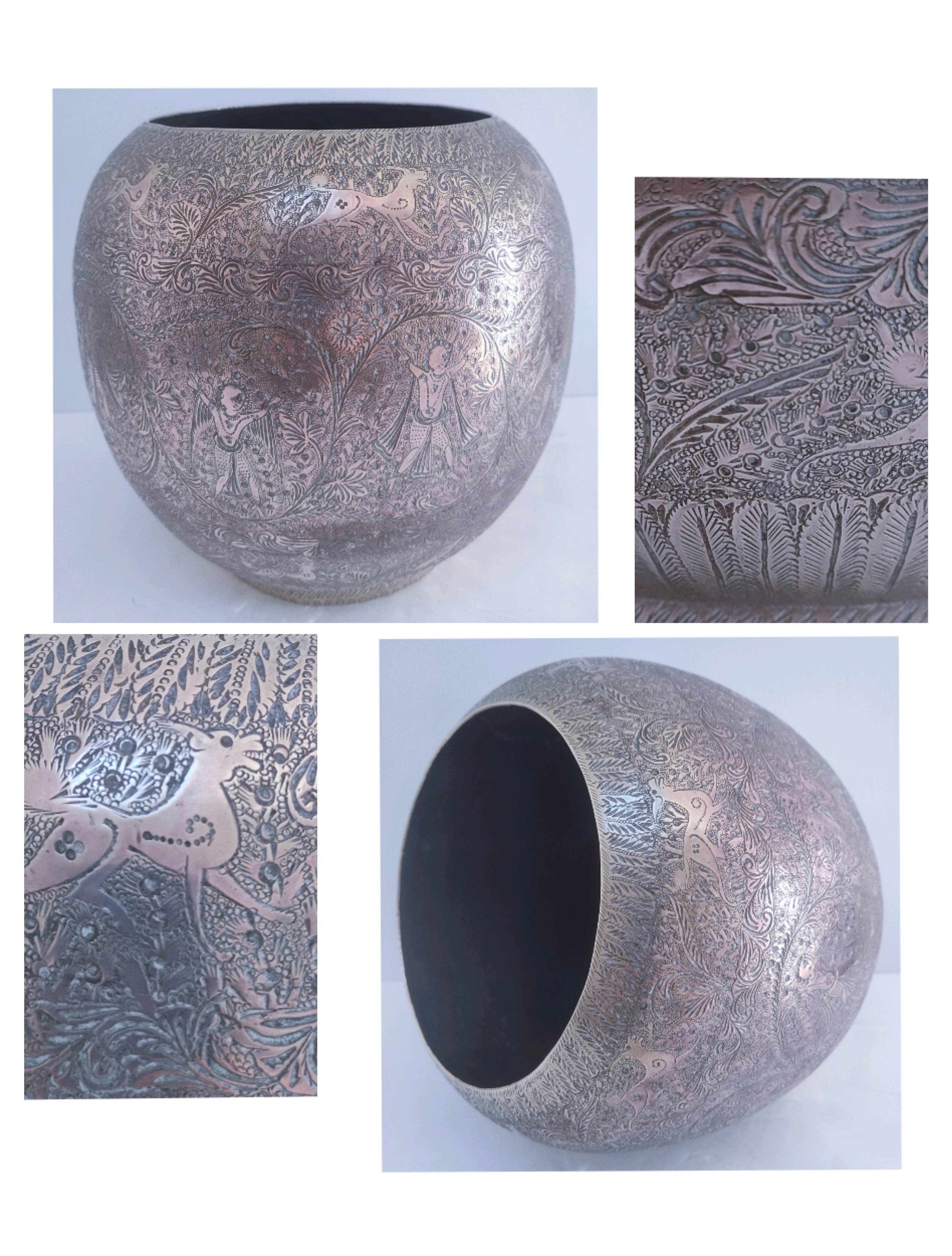 Solid brass pot cover engraved decor animal plant characters