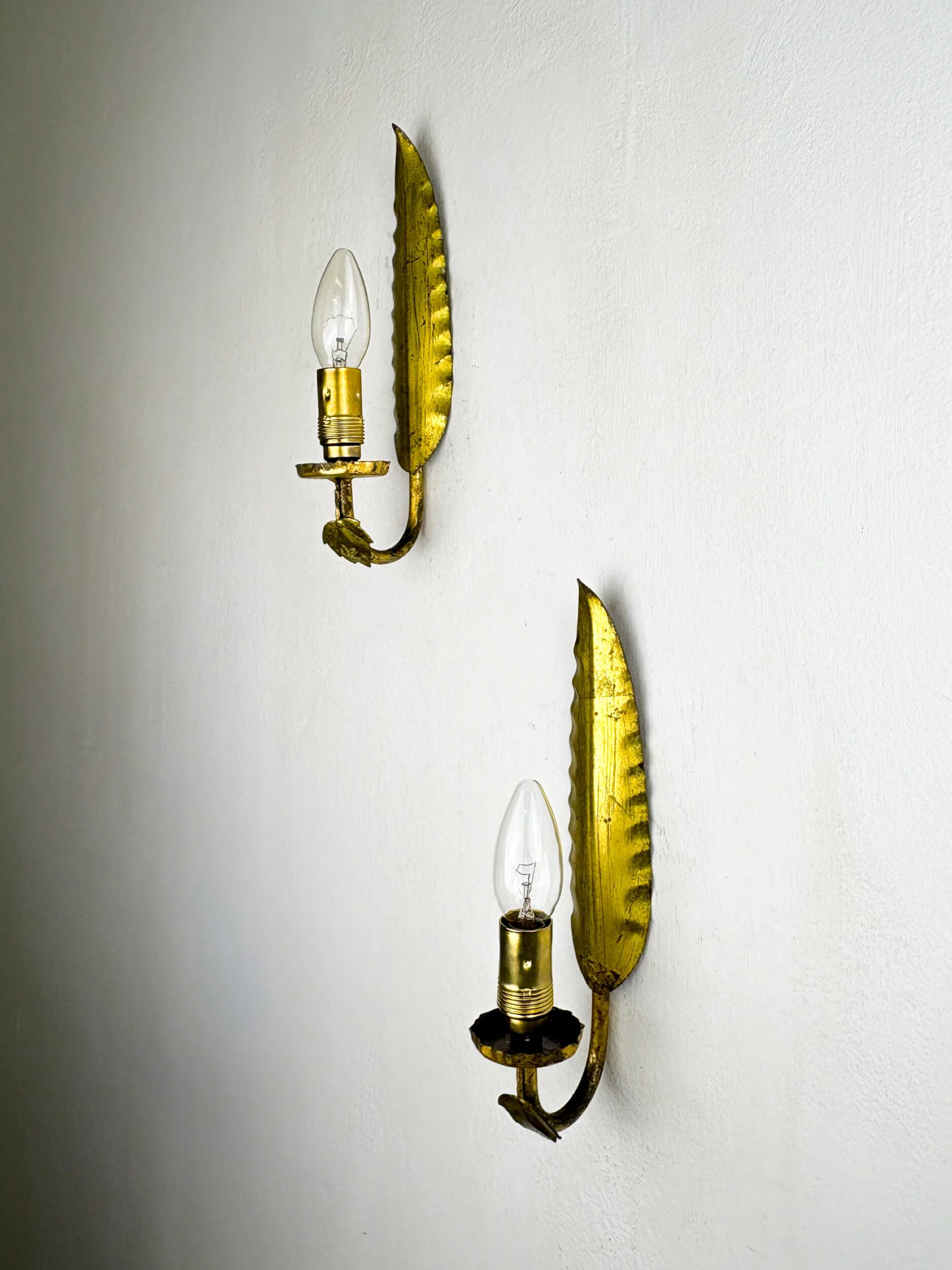 Pair of Spanish foliage wall sconces, leaf arms & bud shades, gilt iron, 1970s