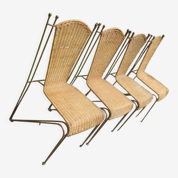Set of 4 rattan and iron garden chairs by Frederick Weinberg, USA 1950s
