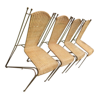 Ensemble de 4 chaises de jardin en rotin et fer par Frederick Weinberg, États-Unis Années 1950