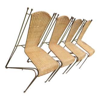 Set of 4 rattan and iron garden chairs by Frederick Weinberg, USA 1950s