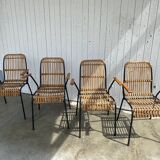Set of 4 vintage rattan and bamboo chairs by Schumacher, Belgium 1950s.
