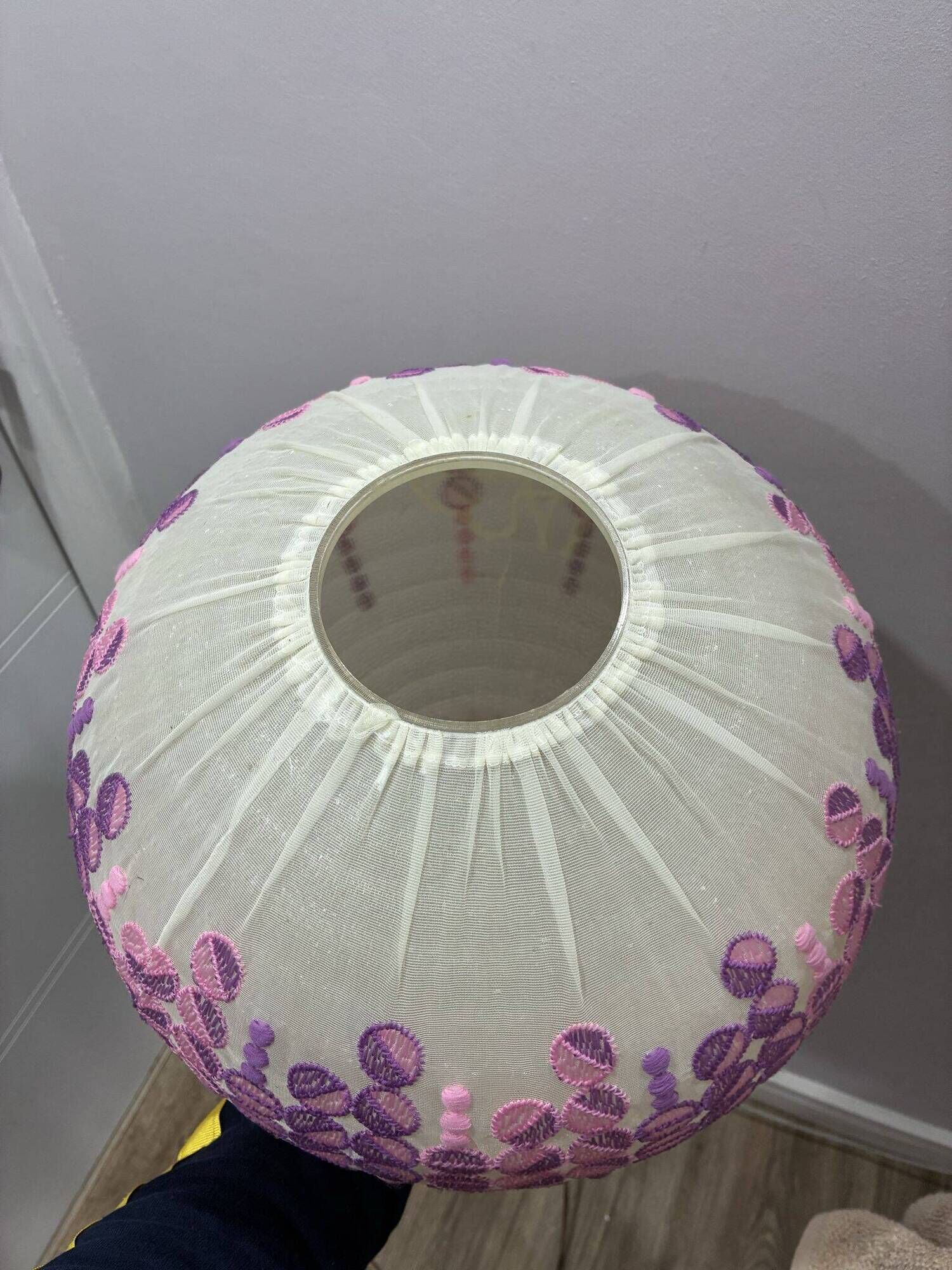 Høyrup Plast Danish pendant lamp, embroidered floral shade, 1960s