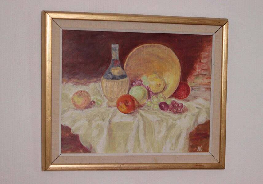 Original Swedish oil on canvas – “Still Life with Fruit and Bottle” by A.K. – vintage & framed – 40 × 48 cm (15.7" × 18.9")
