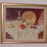 Original Swedish oil on canvas – “Still Life with Fruit and Bottle” by A.K. – vintage & framed – 40 × 48 cm (15.7" × 18.9")