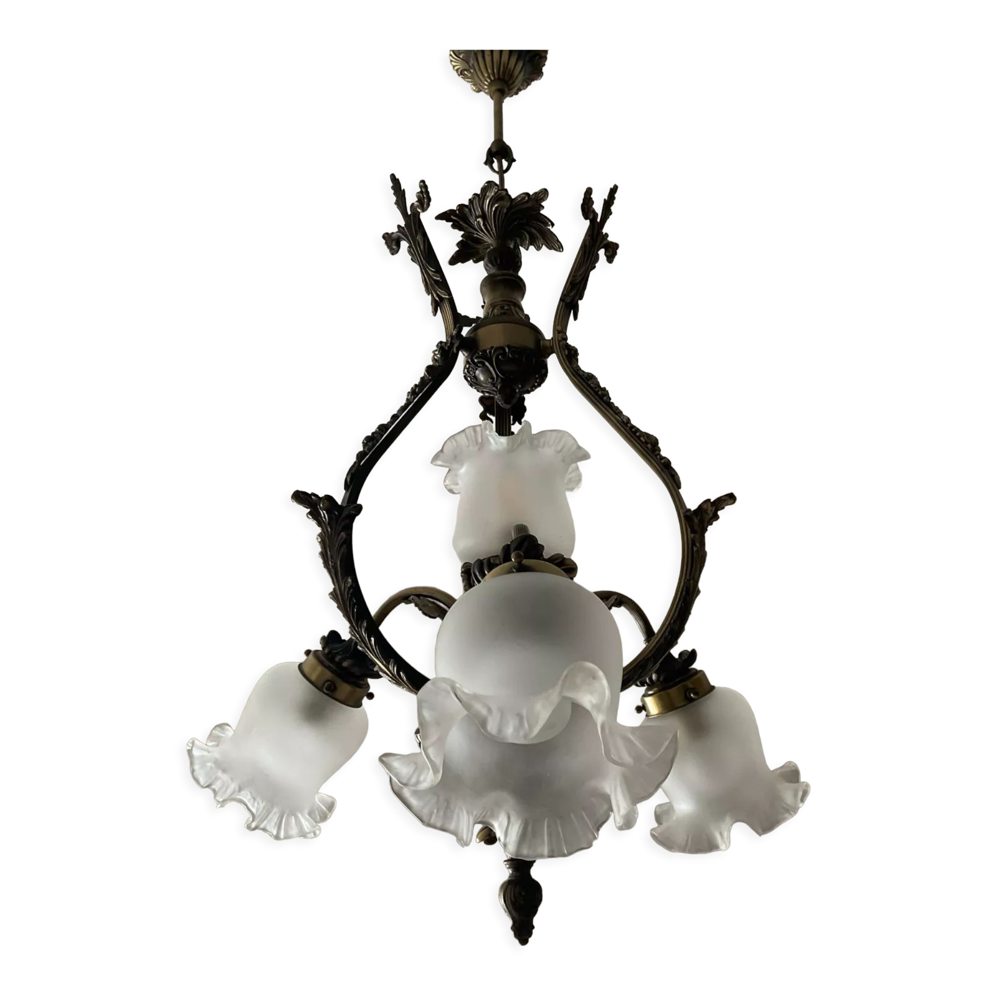 Ancien lustre cage en bronze et 4 feux tulipe