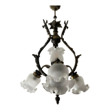 Ancien lustre cage en bronze et 4 feux tulipe
