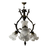 Ancien lustre cage en bronze et 4 feux tulipe
