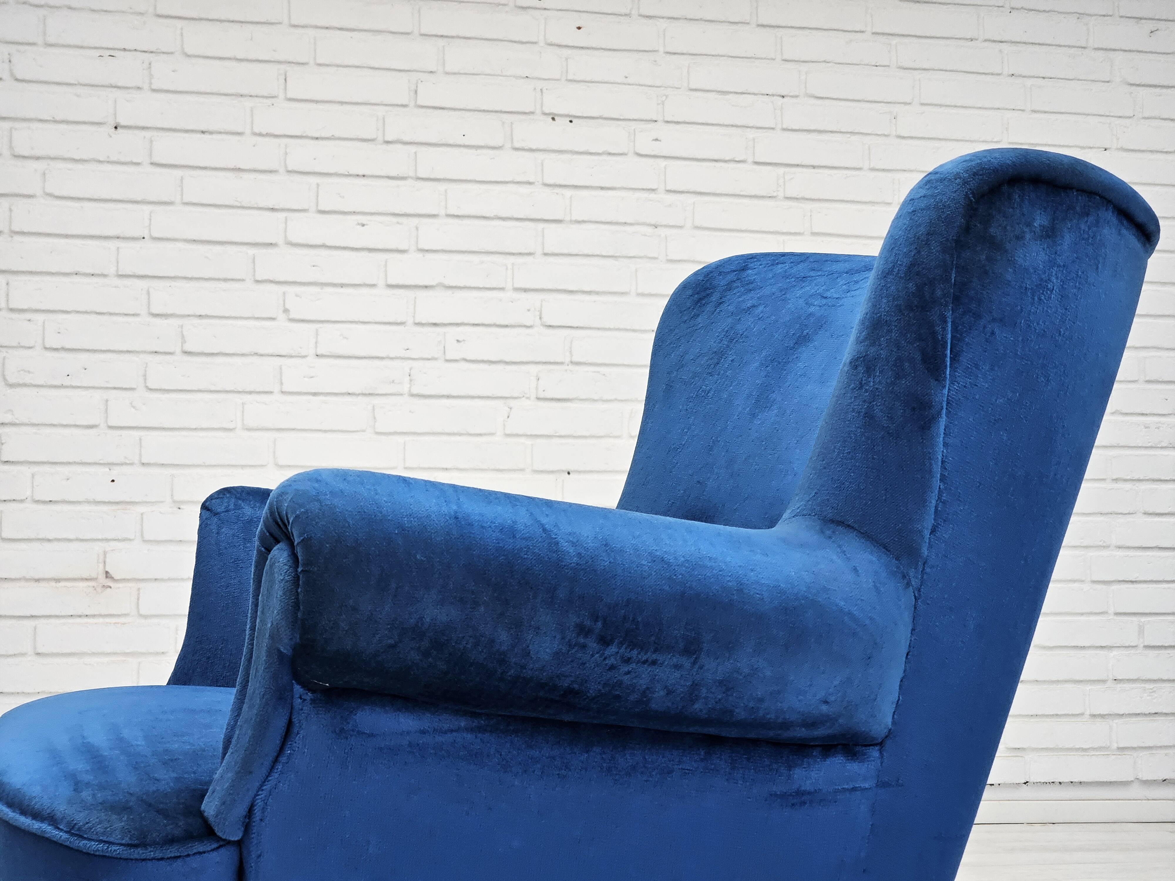 1960s, Danish lounge chair, blue furniture velour, beech wood legs.