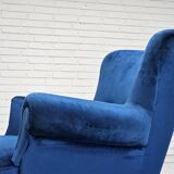 1960s, Danish lounge chair, blue furniture velour, beech wood legs.