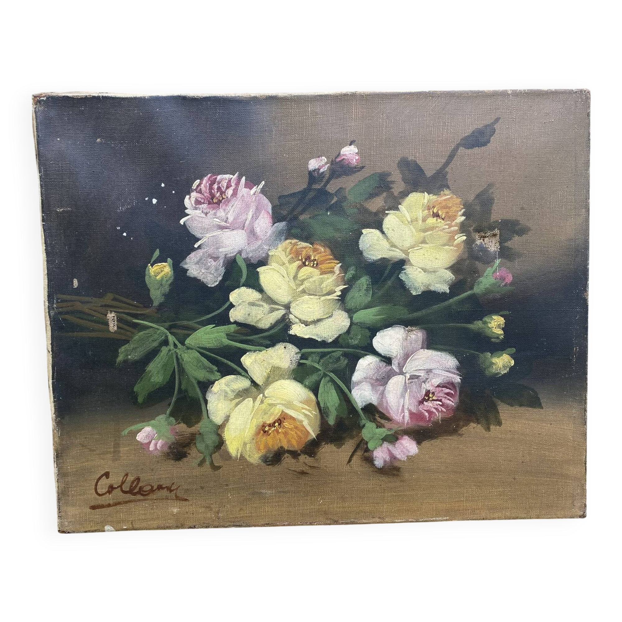 Old still life, old painting of flowers, bouquet of roses.