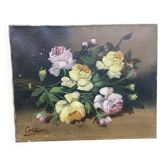 Old still life, old painting of flowers, bouquet of roses.