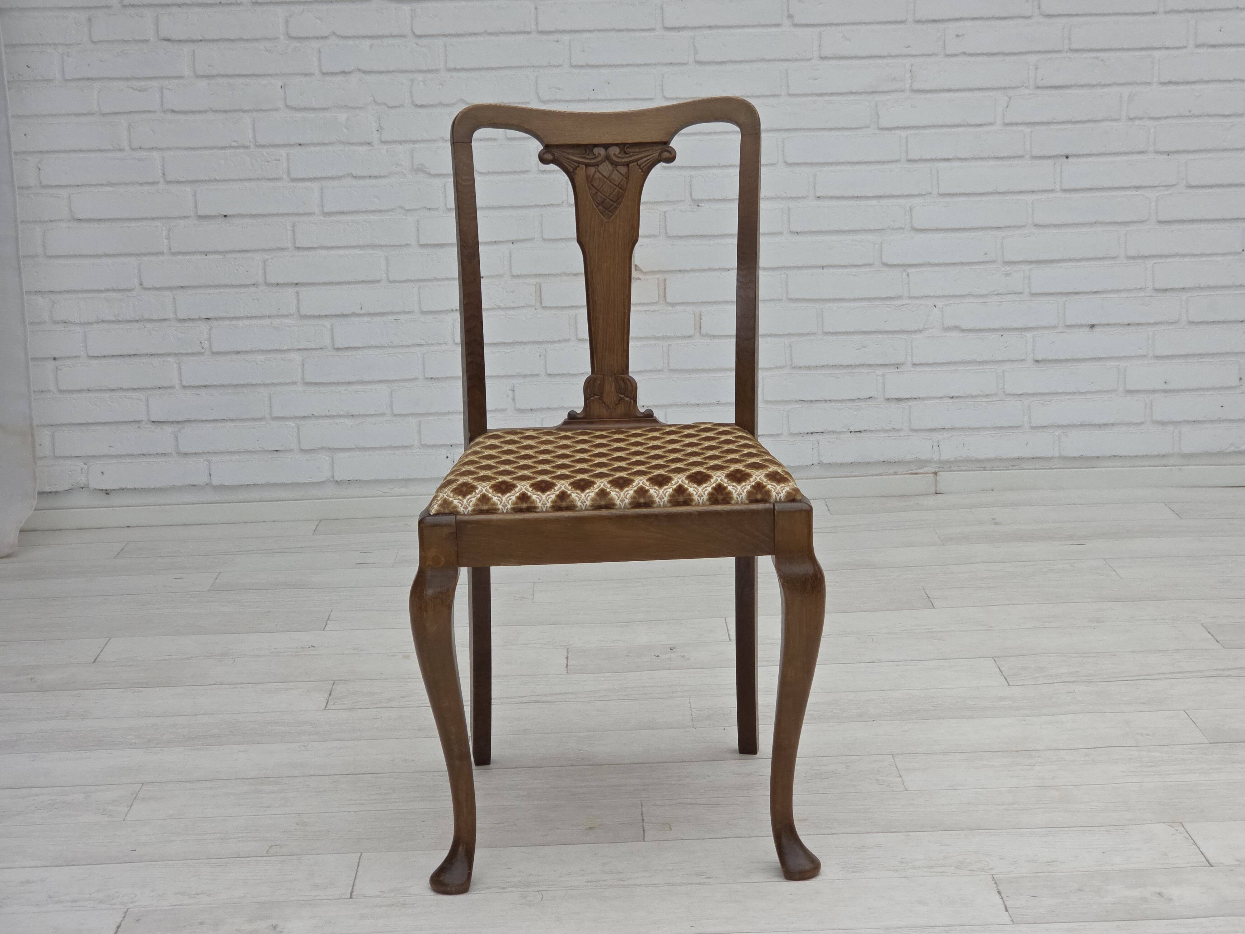1930s, set of 6 Danish chairs, furniture velour, oak wood, reupholstered.