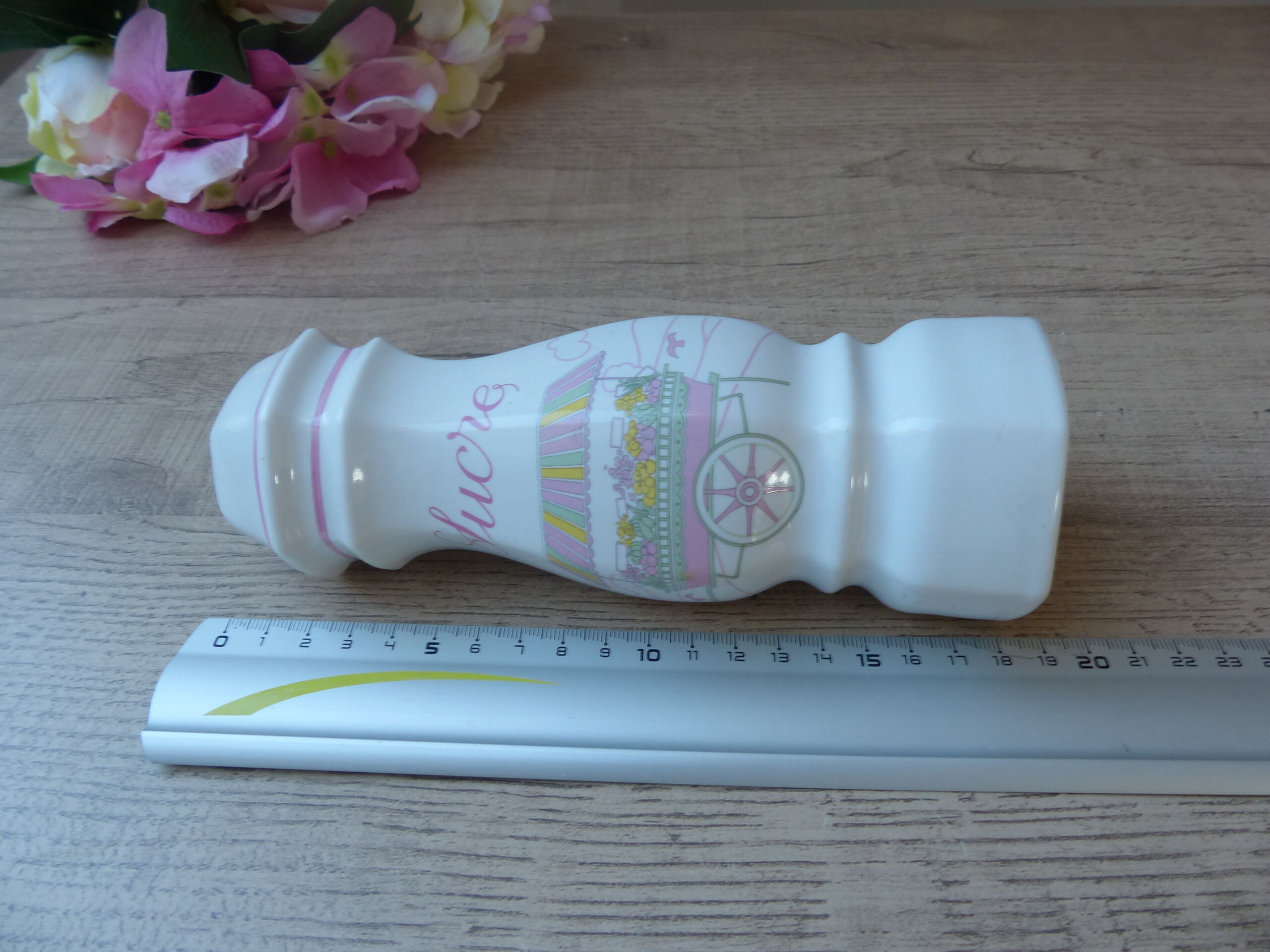 Ceramic sugar bowl with a vintage fruit market stall design.