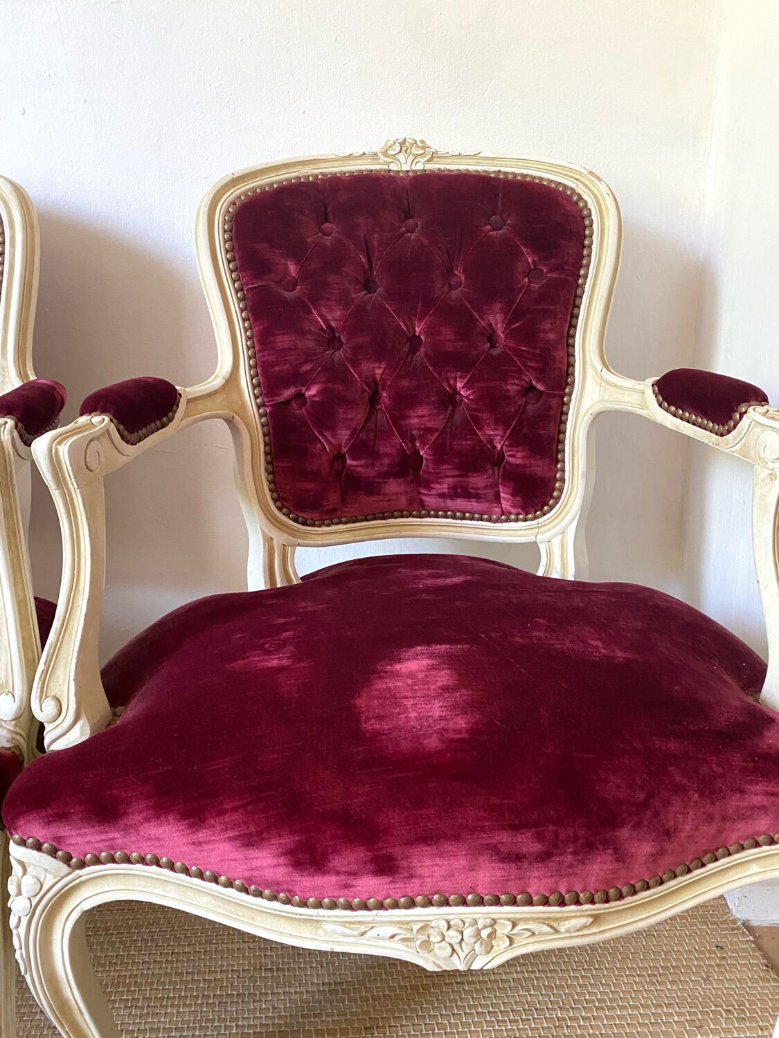 Pair of Louis XV style upholstered velvet armchairs