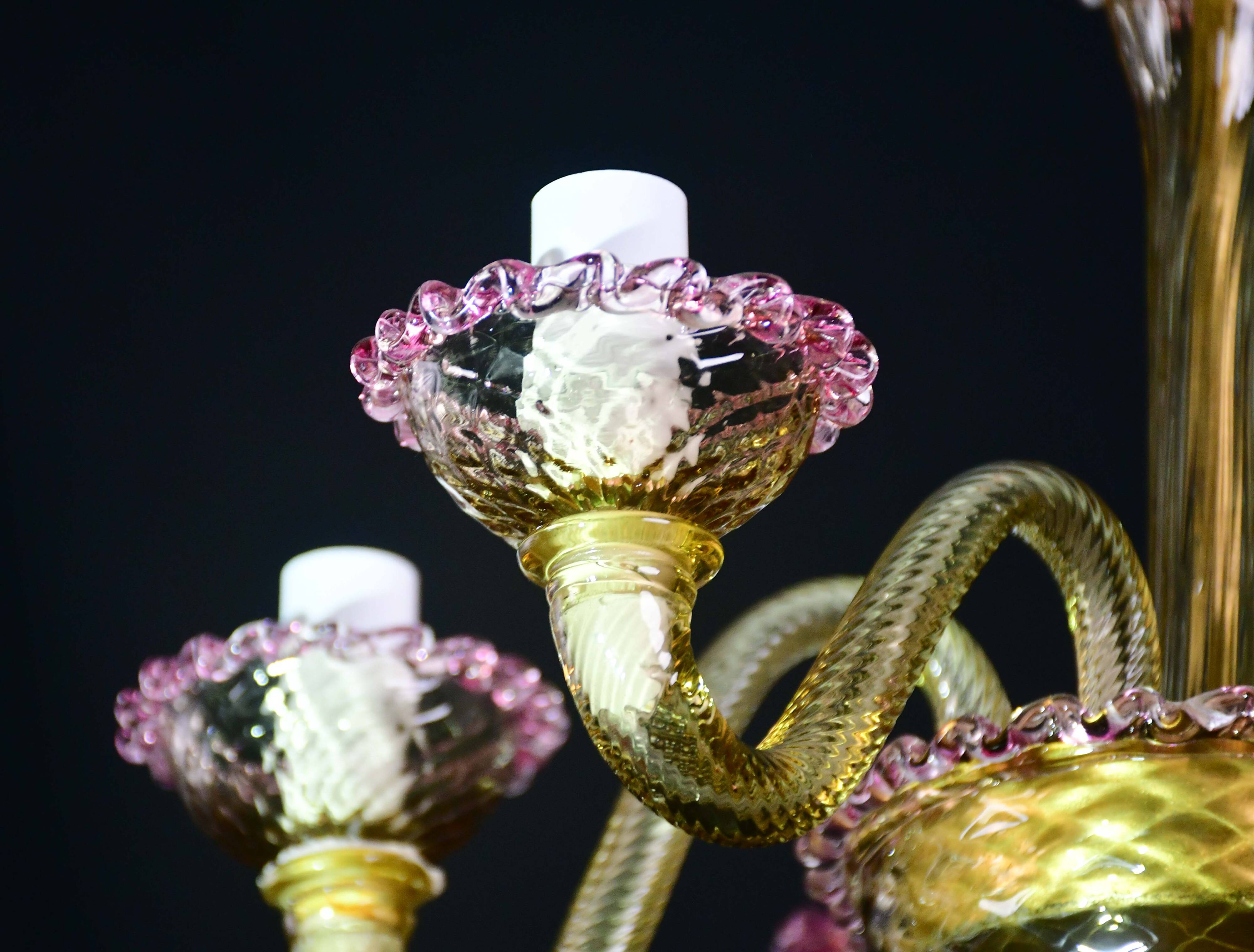 Pretty Venetian chandelier, pink and gold glass, 1950s