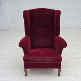 1960s, Danish highback wingback armchair, cherry-red furniture velour.