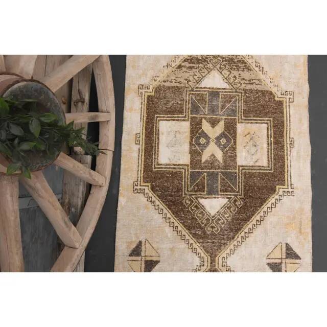 1970s Vintage Turkish Hand-Knotted Wool Cotton Beige Runner Rug 90x391