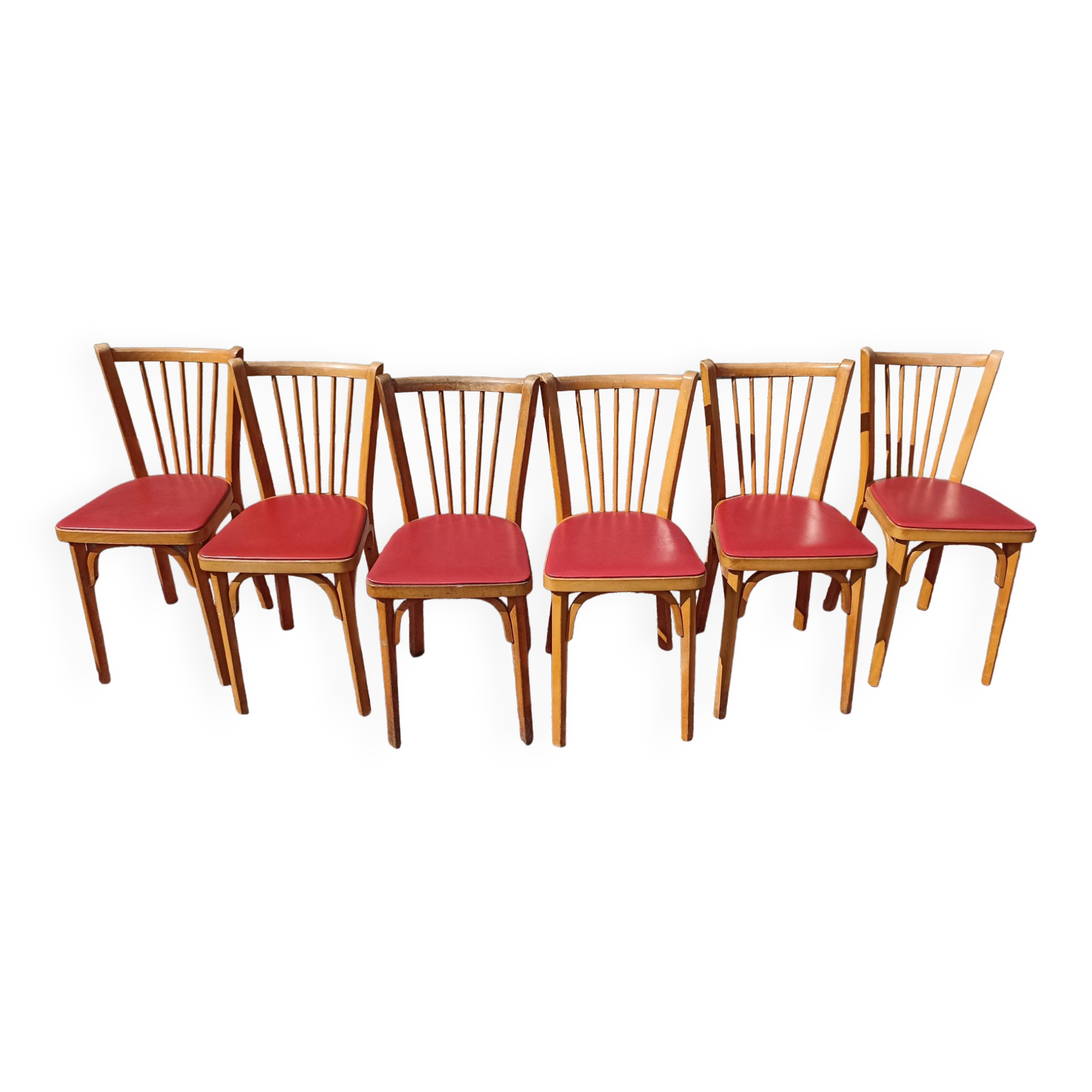 6 baumann bistro chairs wood and skaï red - vintage
