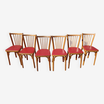 6 chaises de bistrot baumann bois et skaï rouge - vintage