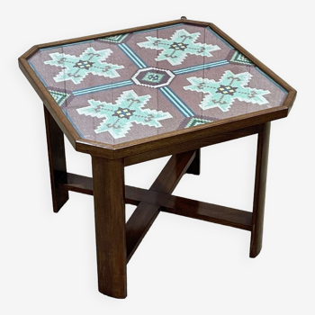 Art Deco side table in mahogany and top covered with a fabric under glass plate