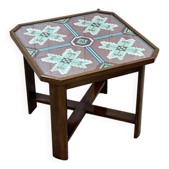 Art Deco side table in mahogany and top covered with a fabric under glass plate