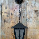 Antique black metal lantern pendant + glass fleur de lys decor vintage