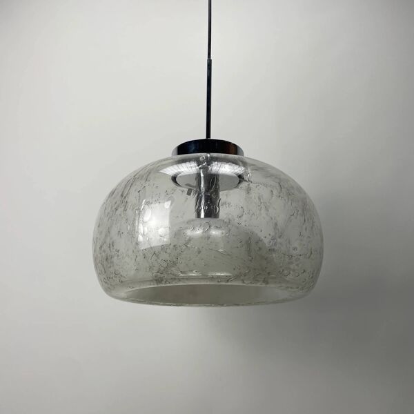 Suspension XL en verre à bulles rare et chrome par Doria Leuchten 1970