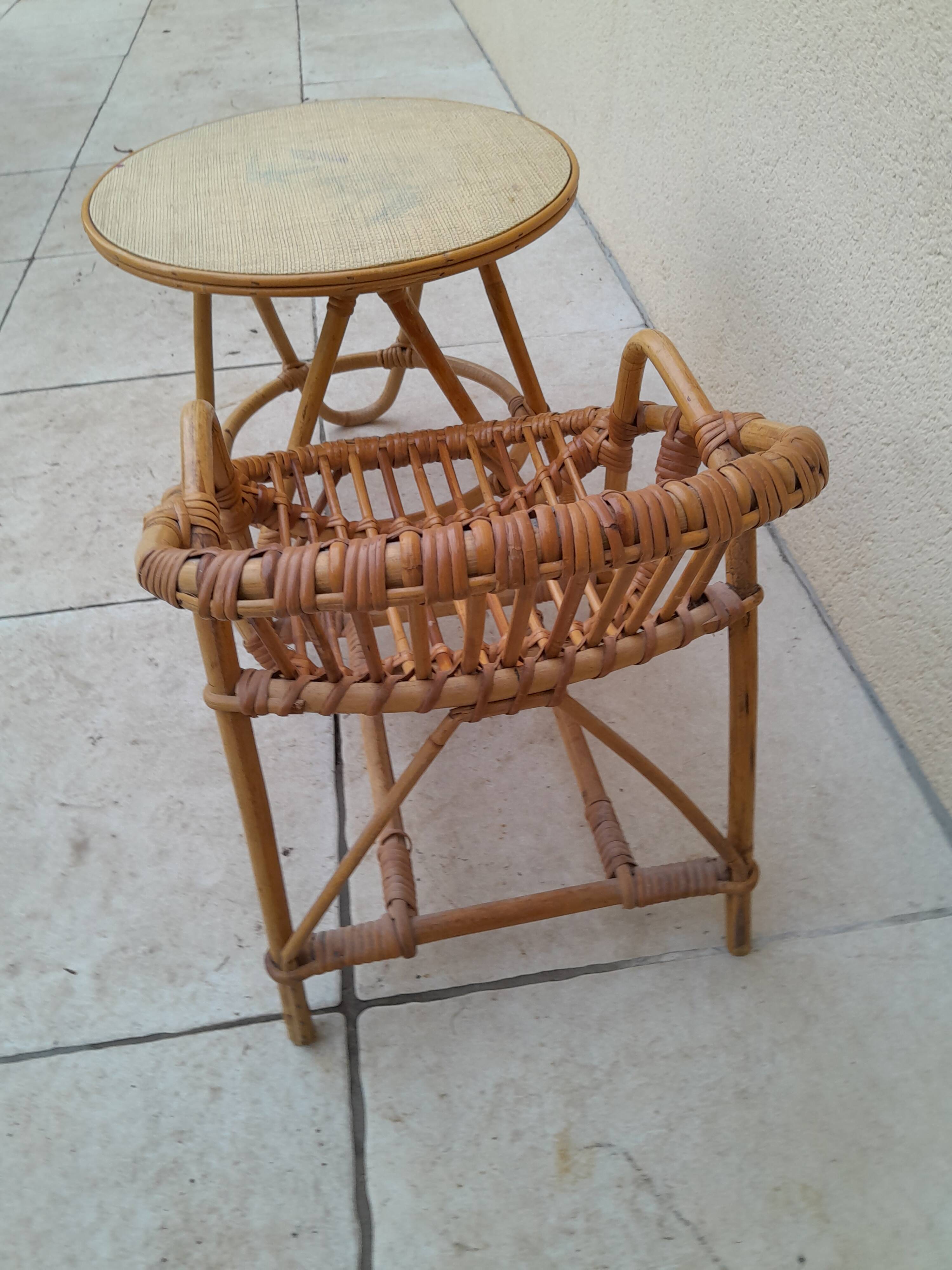 Vintage rattan children's table and armchair