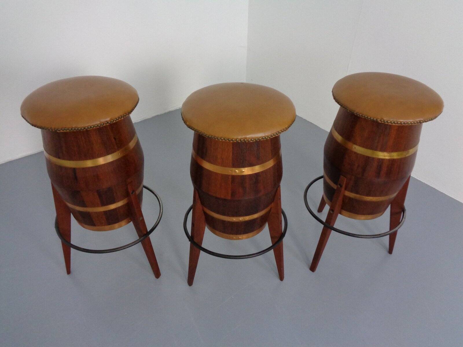 Mid-Century Teak & Copper Bar Stools, 1960s, Set of 3