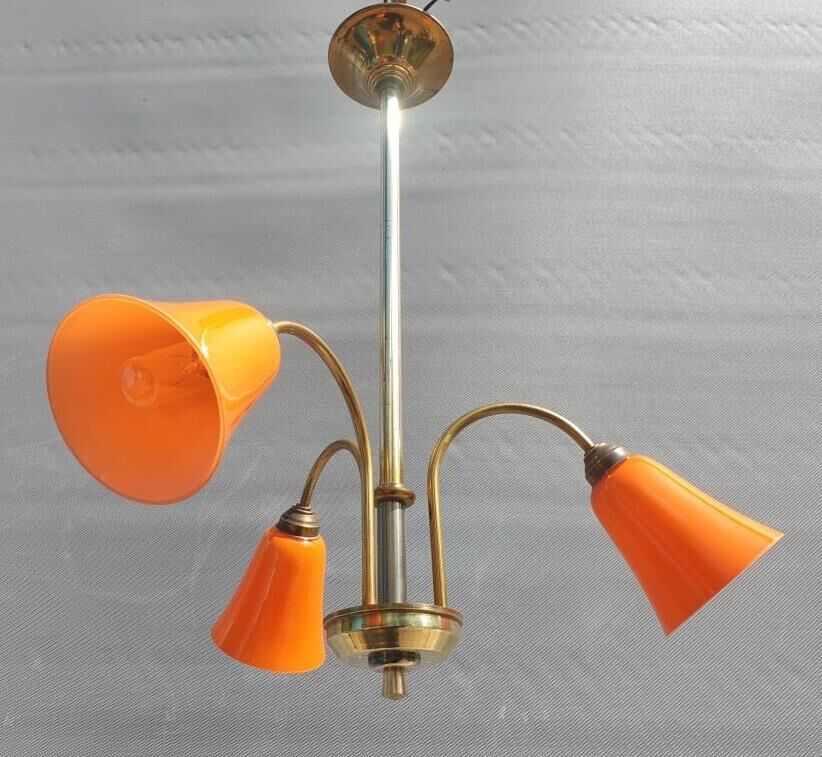 Brass chandelier 3 tulips orange Casimir 1970