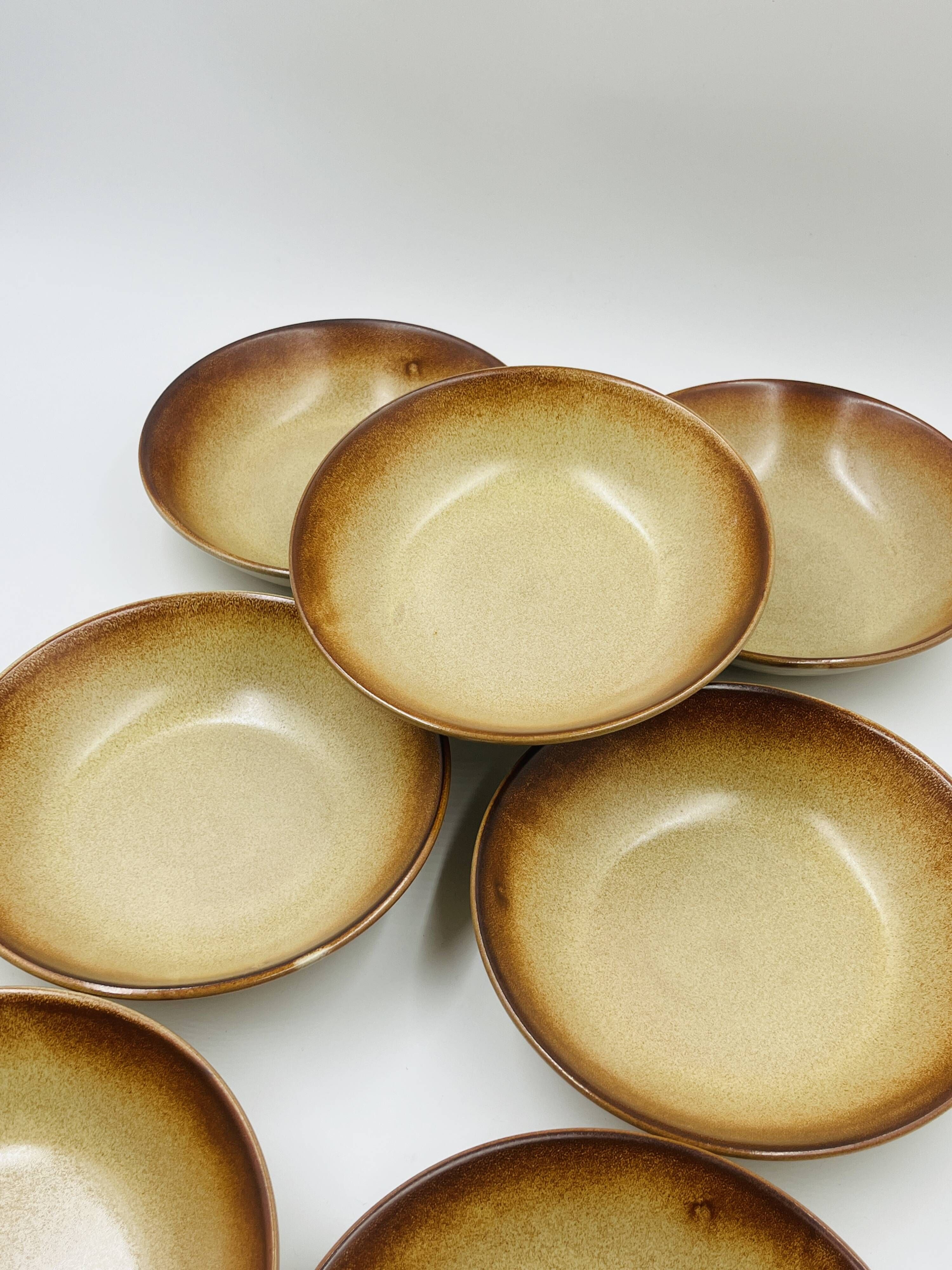 Lot 7 Flamed Stoneware Soup Plates 1970