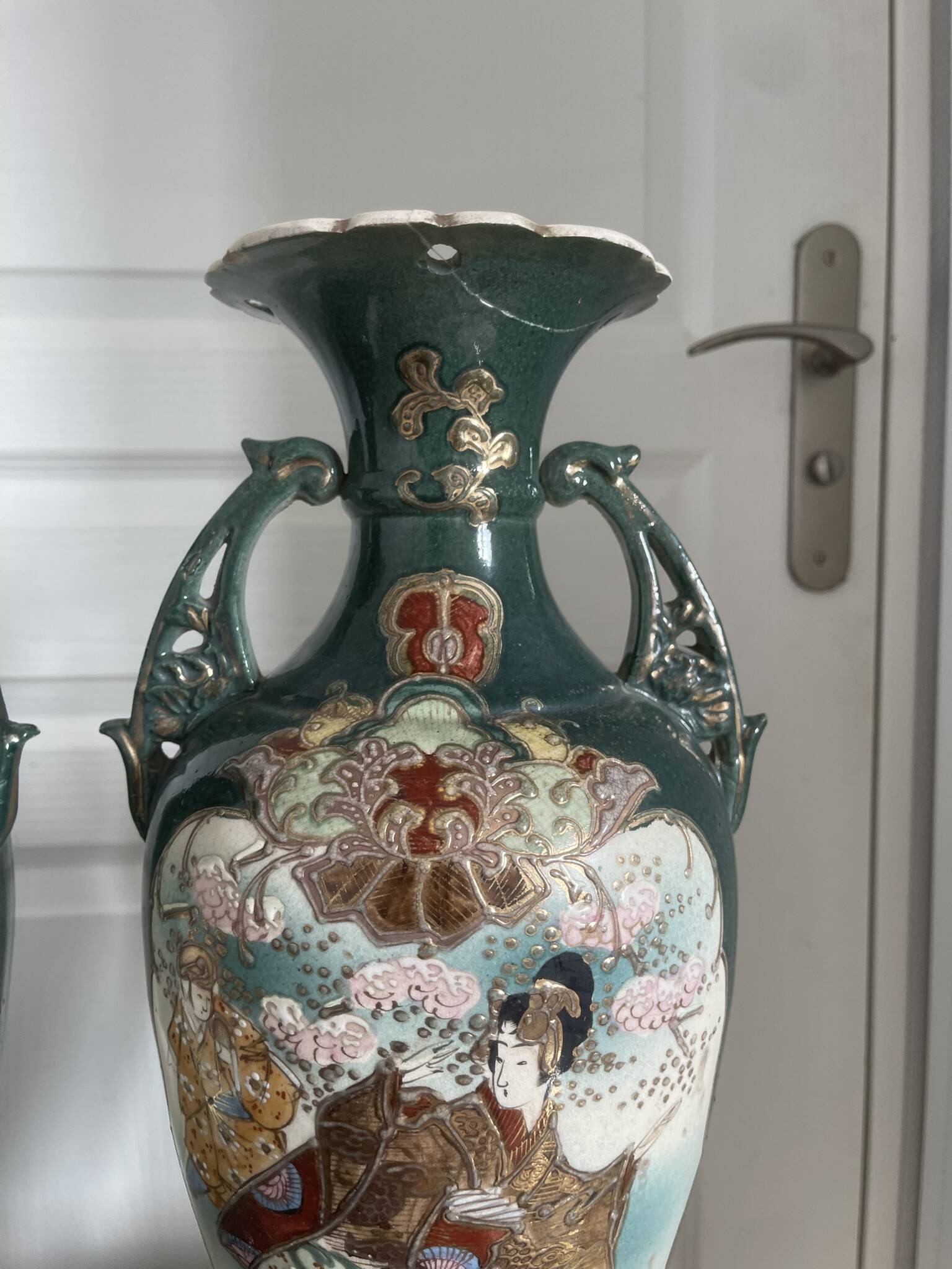 Antique Pair of Japanese Green Moriage Vases Baluster Amphora Flowers Restored