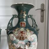 Antique Pair of Japanese Green Moriage Vases Baluster Amphora Flowers Restored