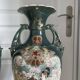 Antique Pair of Japanese Green Moriage Vases Baluster Amphora Flowers Restored