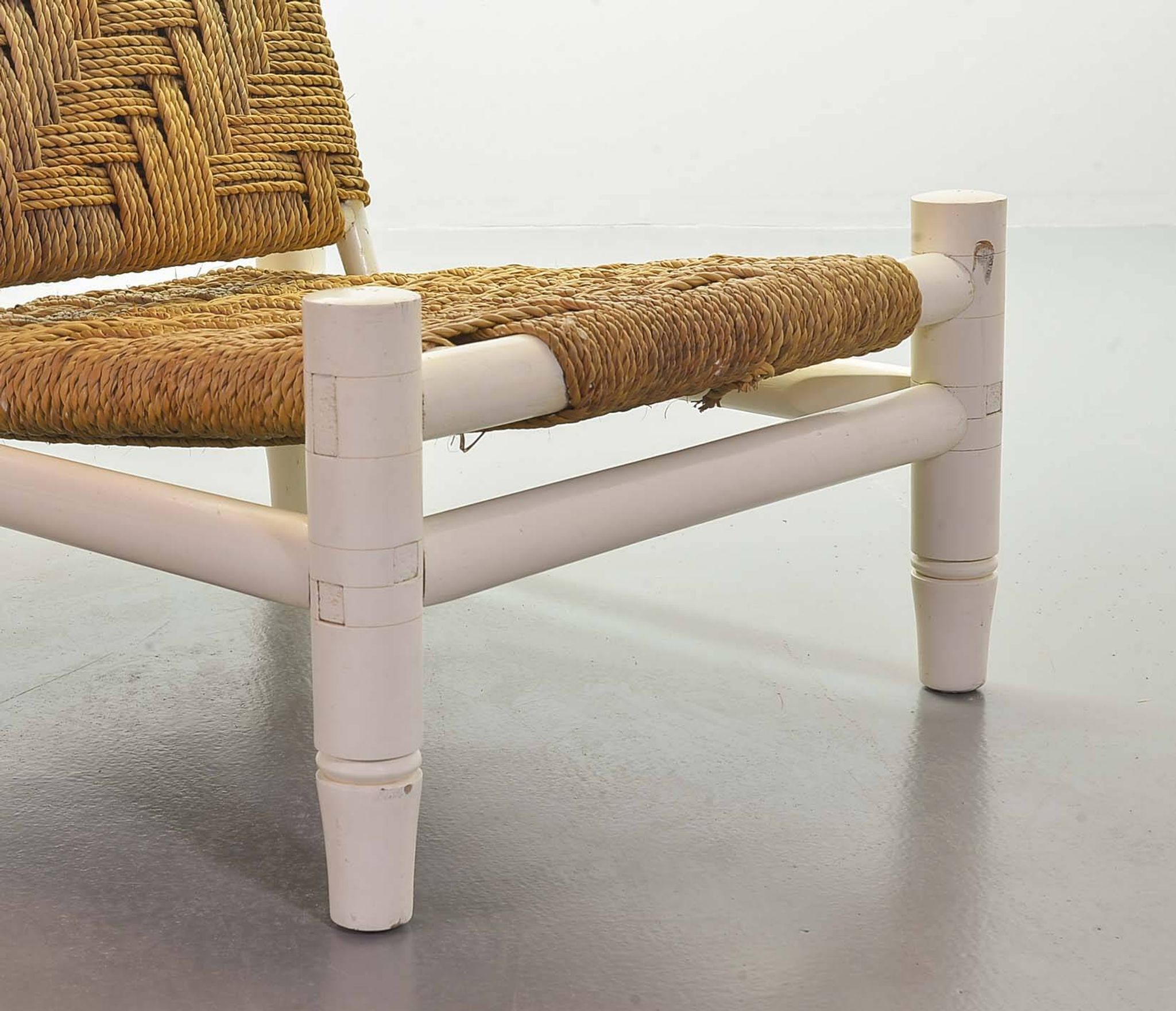 Charlotte Perriand Style Low Seat White Wicker Oak Lounge Chair and Stool