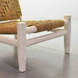 Charlotte Perriand Style Low Seat White Wicker Oak Lounge Chair and Stool