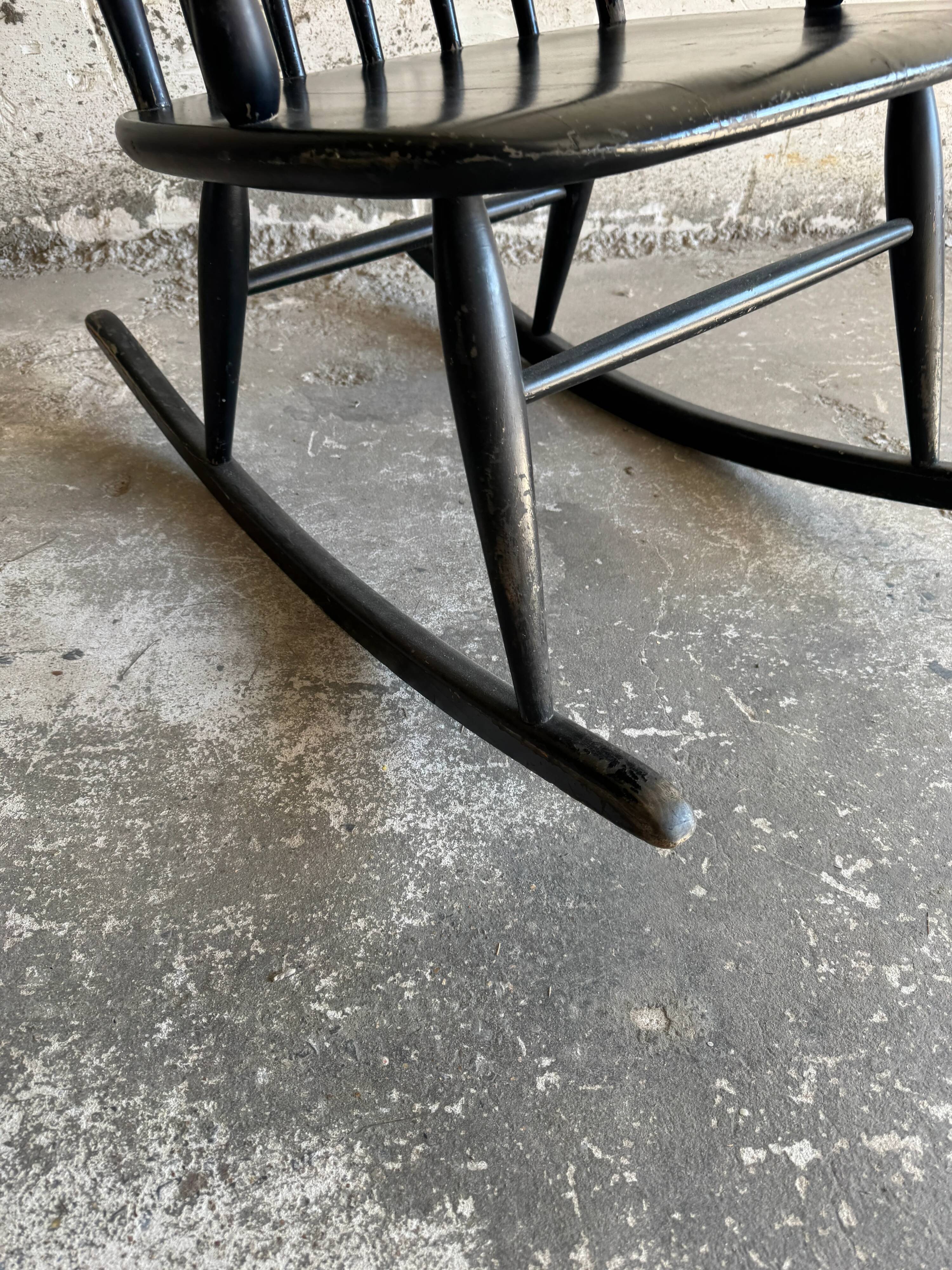Black solid wood Scandinavian Windsor rocking chair — tall spindle back, mid-20th century