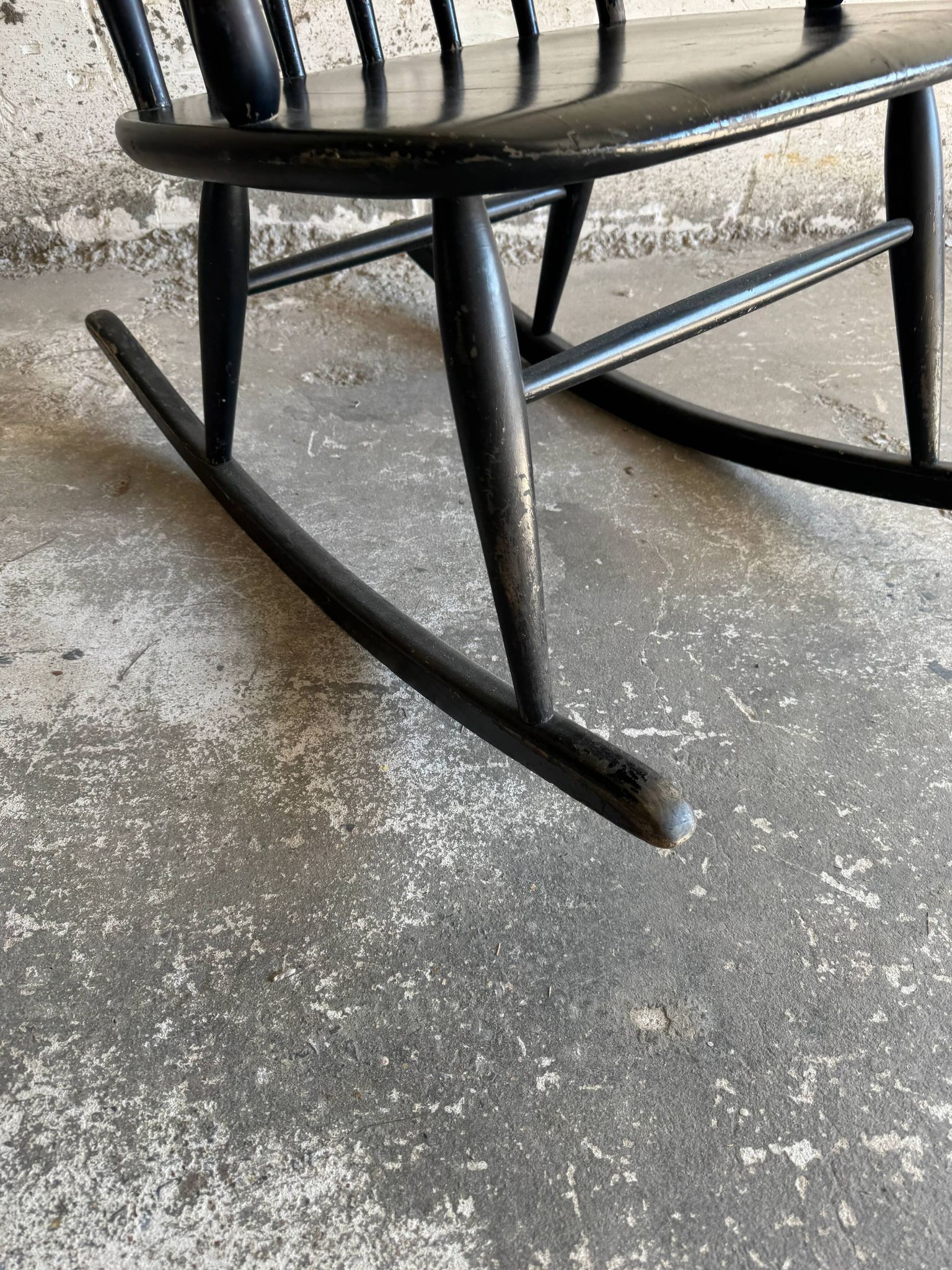 Black solid wood Scandinavian Windsor rocking chair — tall spindle back, mid-20th century