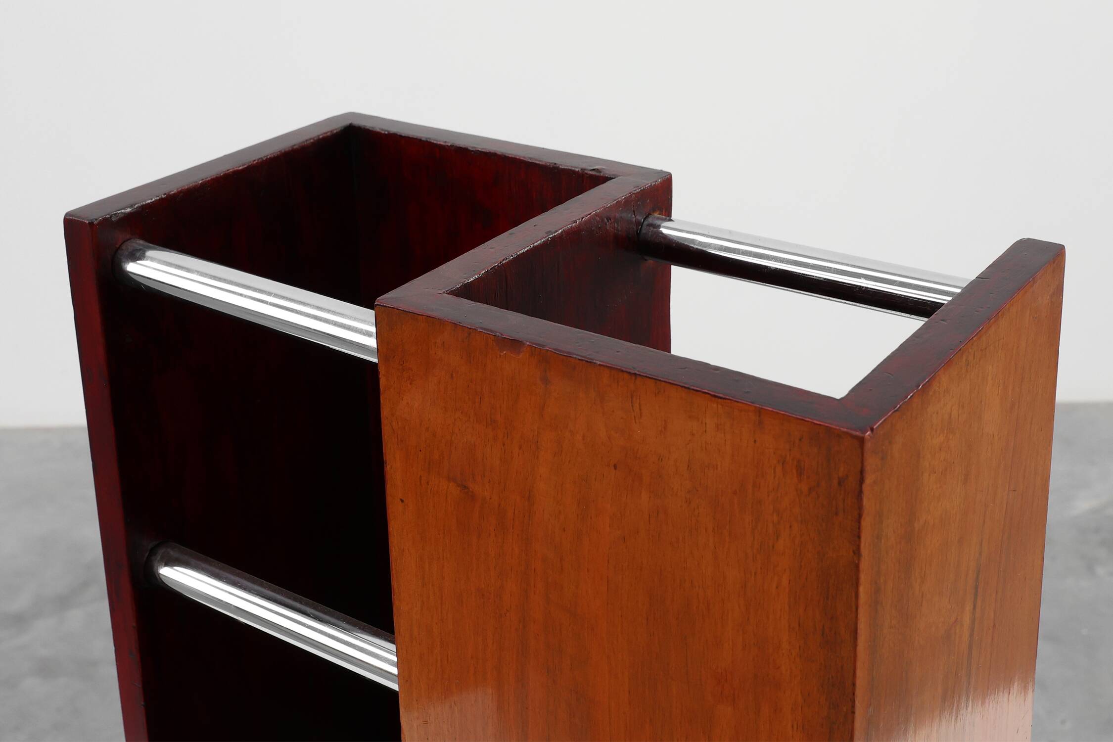 Early Art Deco umbrella stand in wood and metal, France ca. 1910